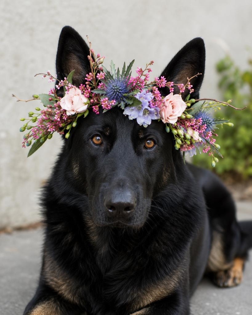 Black dog wearing a floral crown