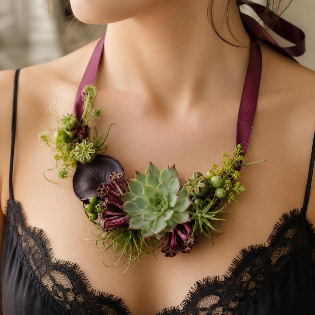 Botanical succulent and flower necklace with burgundy ribbon