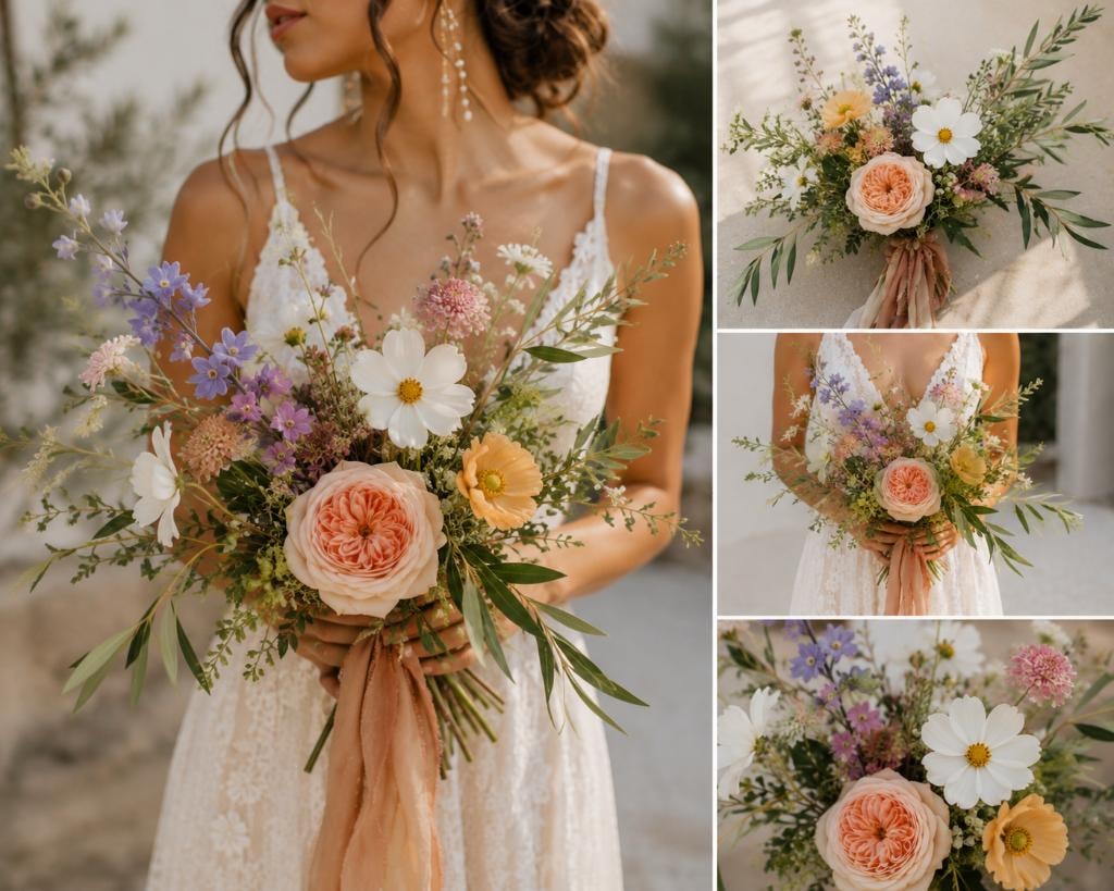 Wildflower bridal bouquet collage with peach roses and cosmos