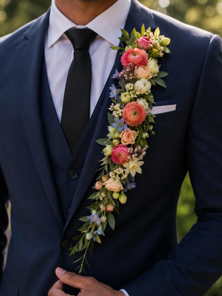 Groom with cascading floral boutonniere