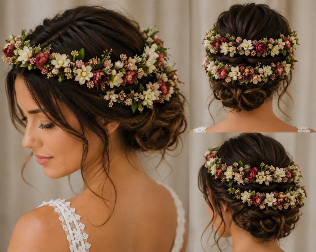 Bride with floral crown updo hairstyle